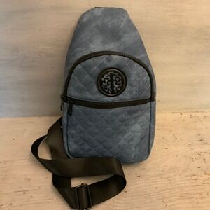 Faux Blue Denim Acid Washed Quilted Crossbody Sling Bag Purse Like New